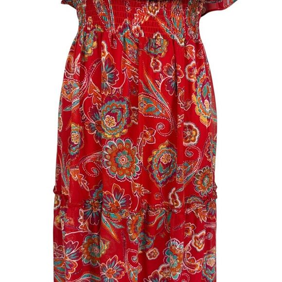Rabbit Designs Womens Floral Red Maxi Ruffle Smocked Waist Peasant Dress NWT 10 - Picture 6 of 16